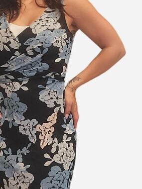 BCBG Black Dress with Blue-Gray and Cream Floral Print